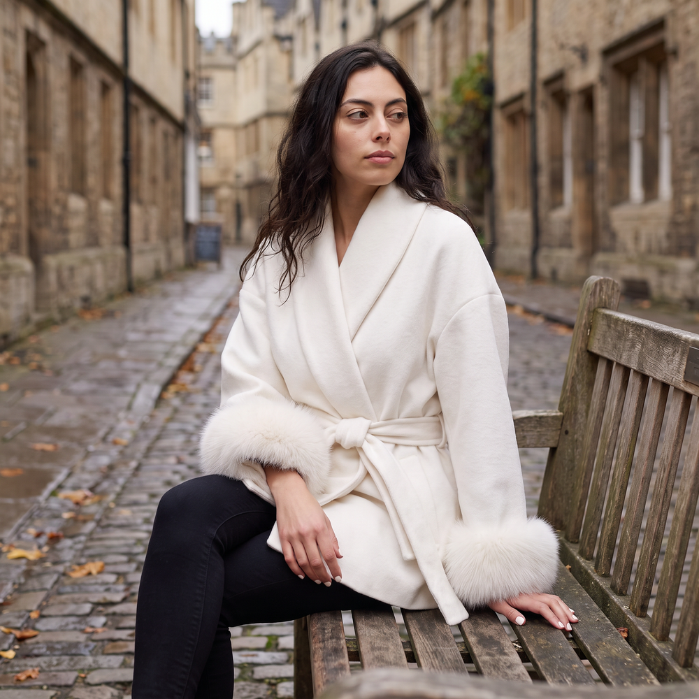 Women's Classic Wool Blend Coat with Faux Fur Cuffs