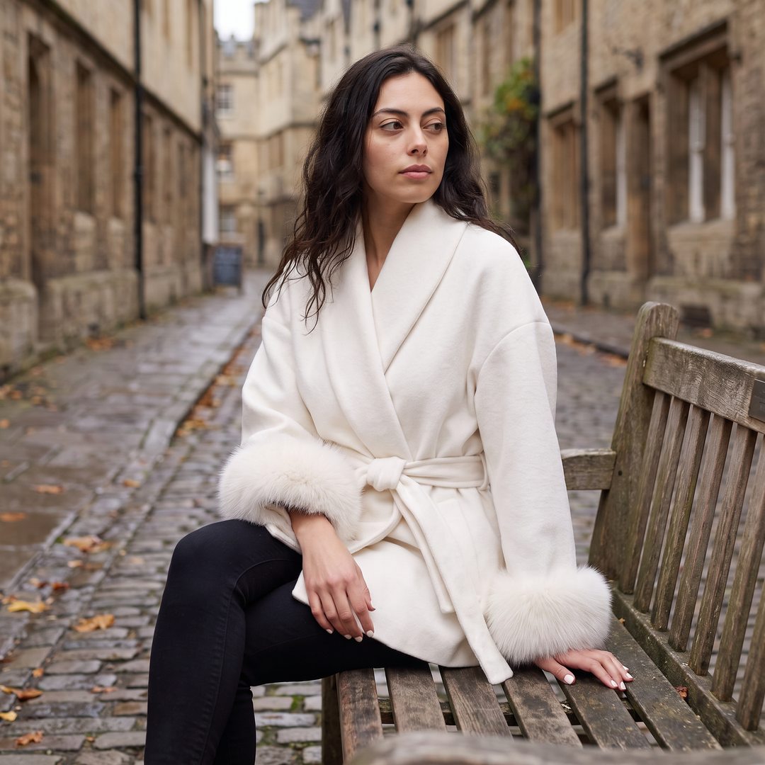 Women's Classic Wool Blend Coat with Faux Fur Cuffs