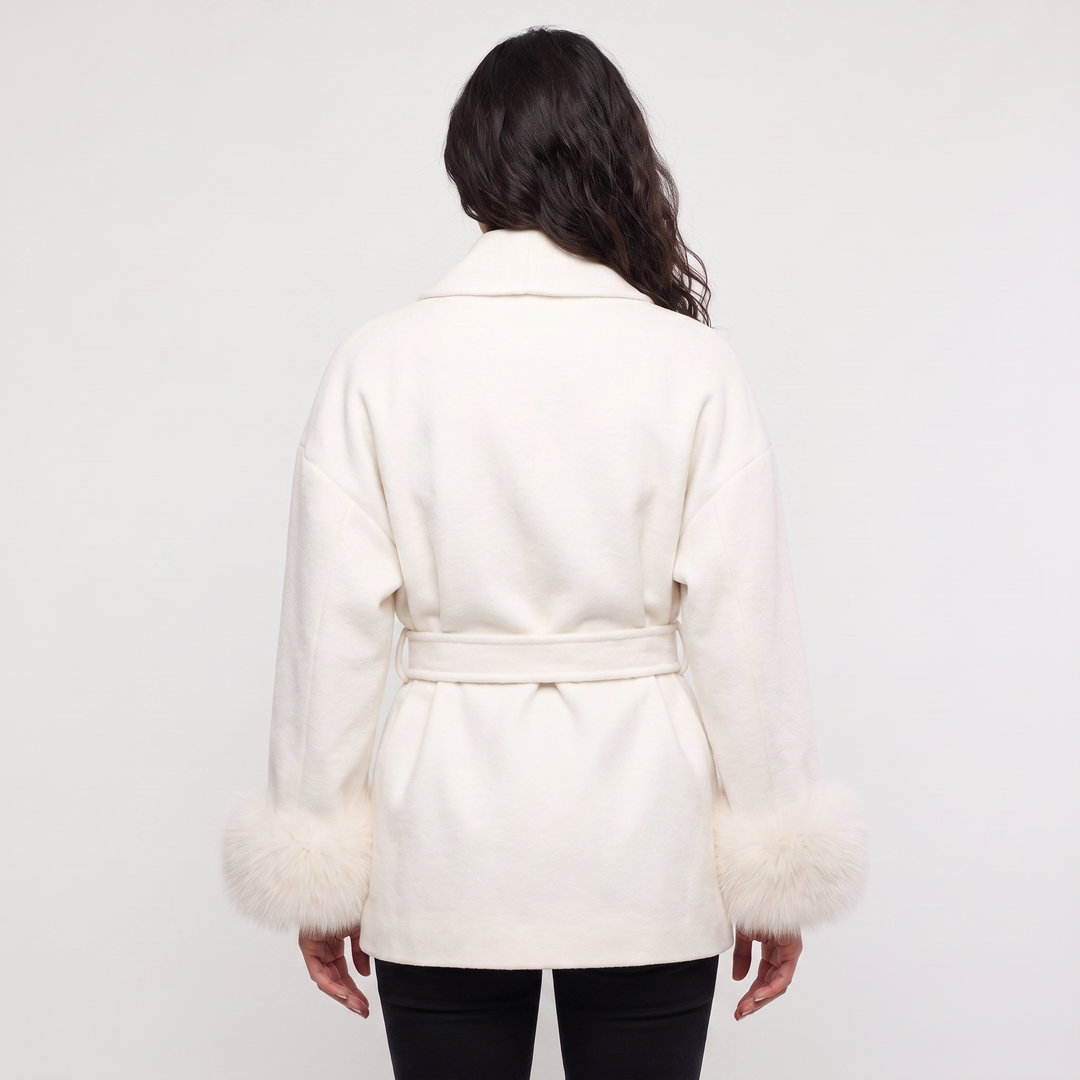 Women's Classic Wool Blend Coat with Faux Fur Cuffs