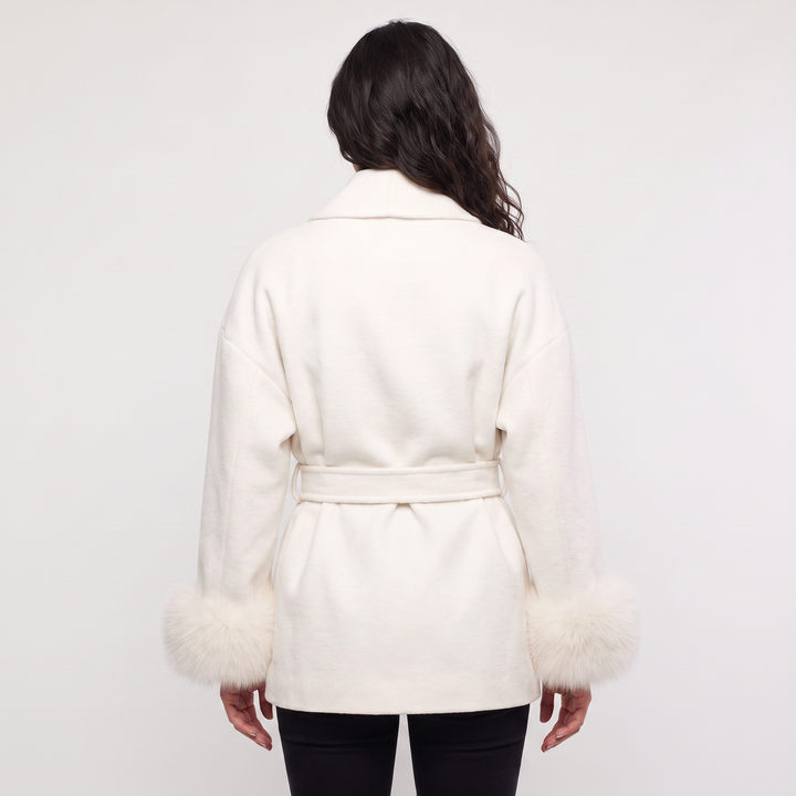 Women's Classic Wool Blend Coat with Faux Fur Cuffs