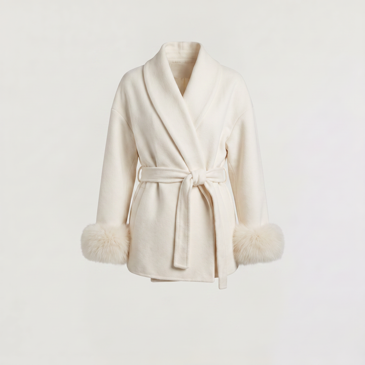 Women's Classic Wool Blend Coat with Faux Fur Cuffs
