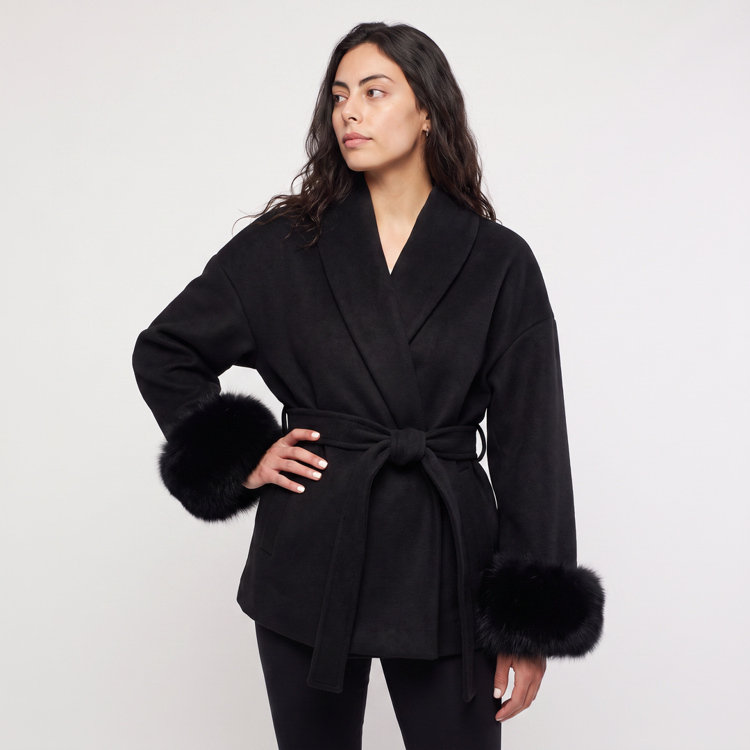 Women's Classic Wool Blend Coat with Faux Fur Cuffs