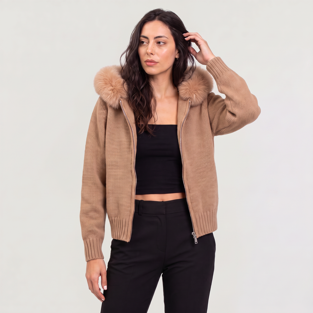 Women's Casual Fur Collar Knit Cardigan Jacket