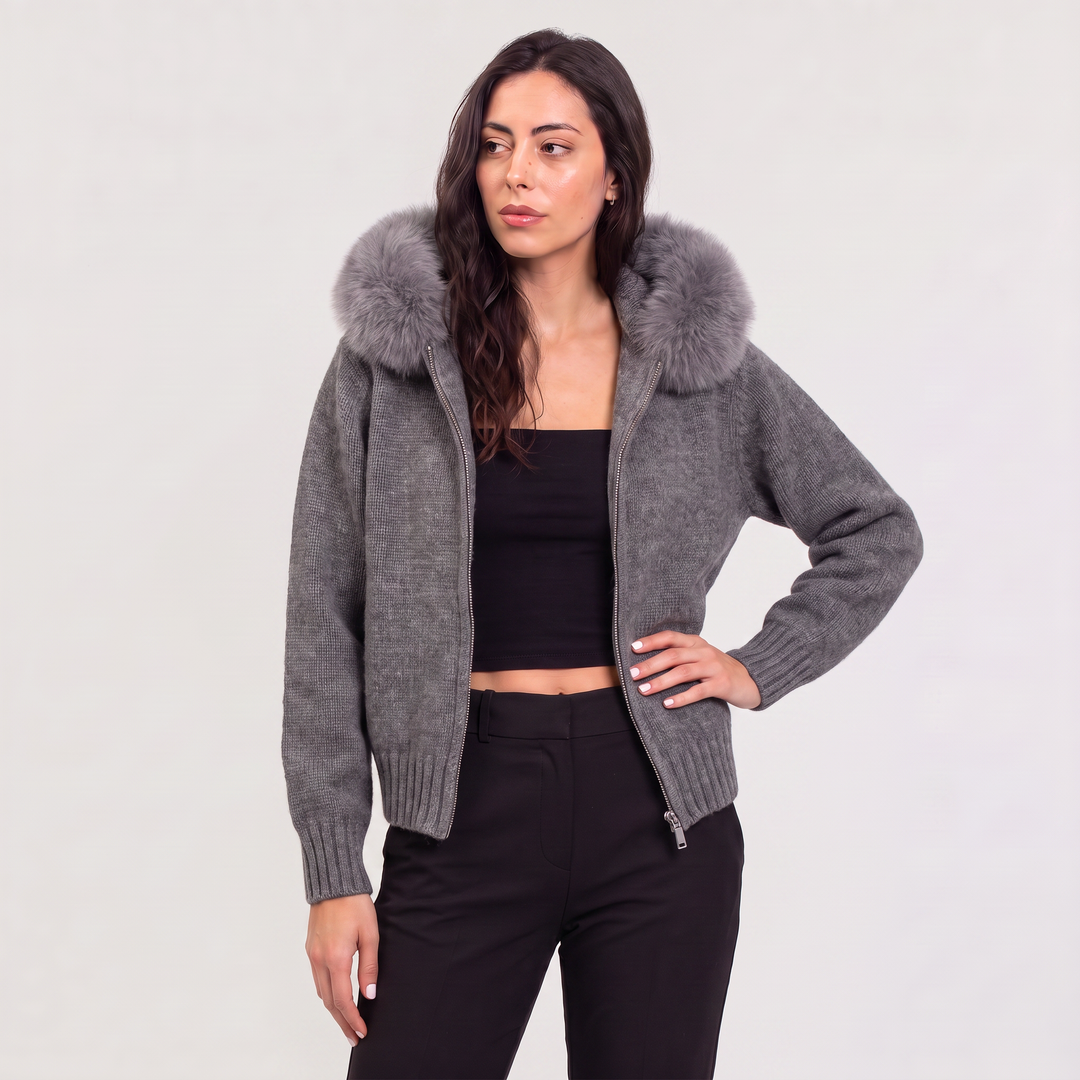 Women's Casual Fur Collar Knit Cardigan Jacket
