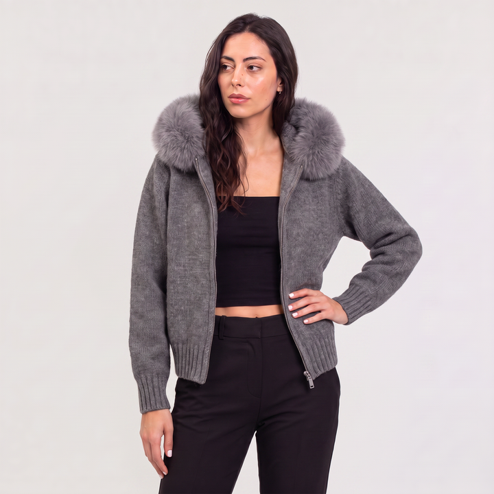 Women's Casual Fur Collar Knit Cardigan Jacket