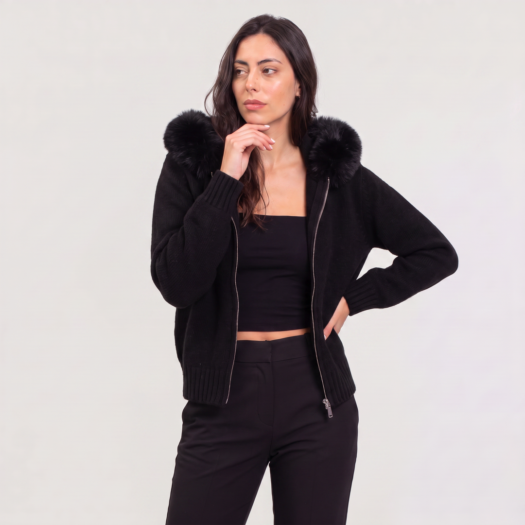 Women's Casual Fur Collar Knit Cardigan Jacket