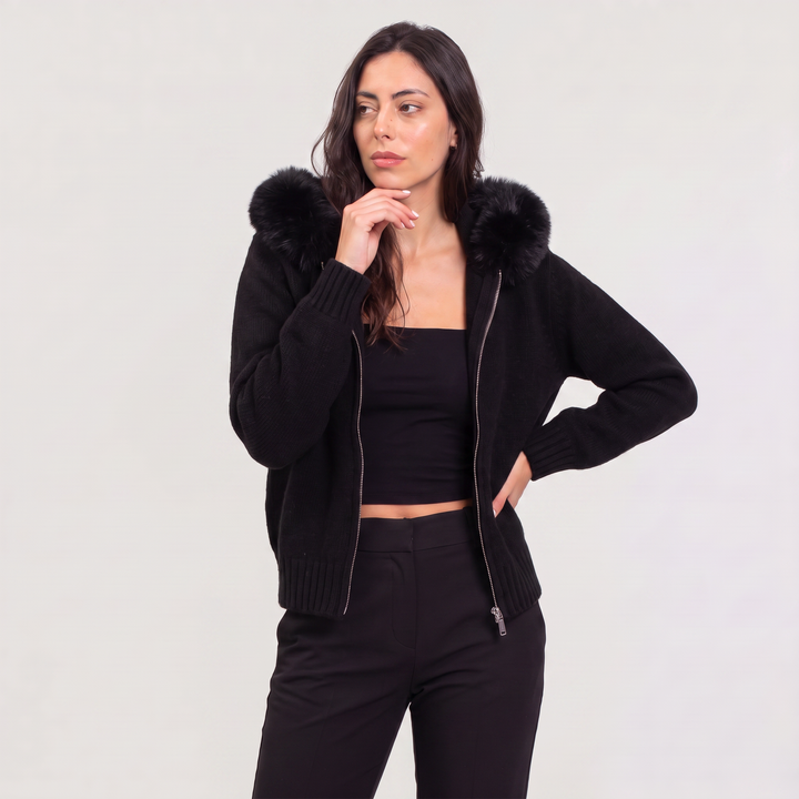 Women's Casual Fur Collar Knit Cardigan Jacket