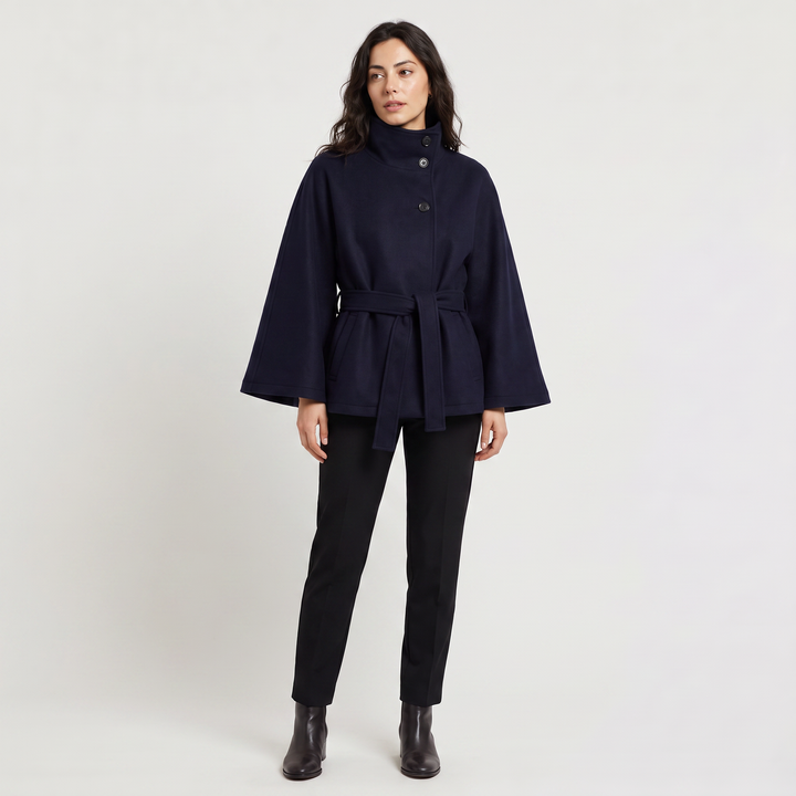 Women's Classic Wool Blend High-Neck Belted Cape Coat