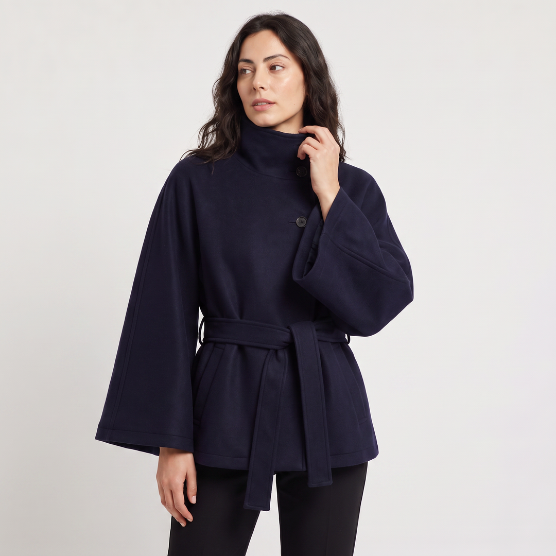 Women's Classic Wool Blend High-Neck Belted Cape Coat