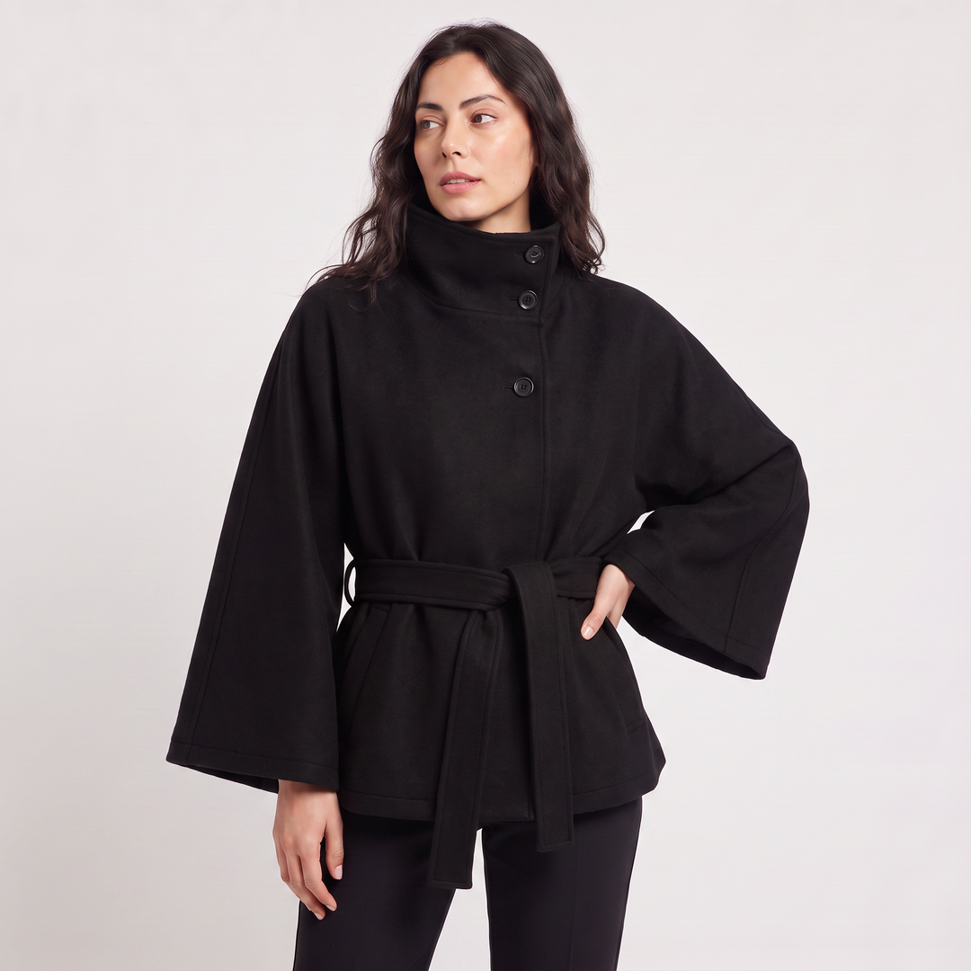 Women's Classic Wool Blend High-Neck Belted Cape Coat