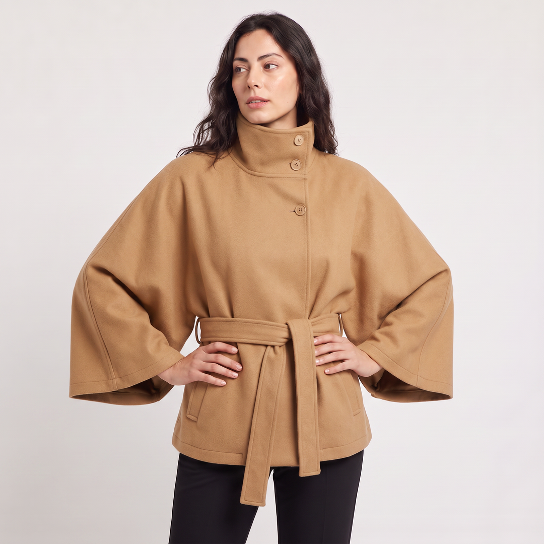 Women's Classic Wool Blend High-Neck Belted Cape Coat