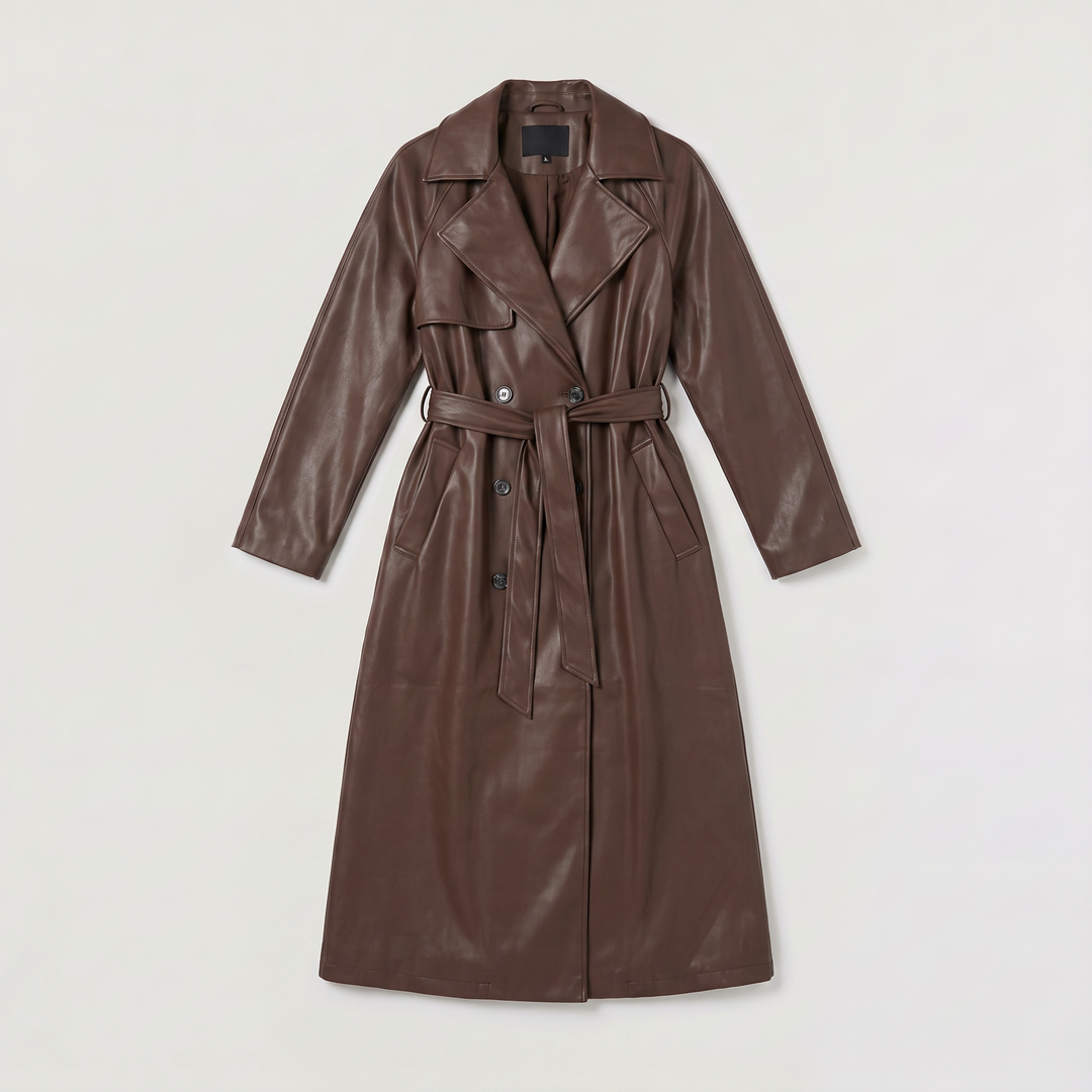 Women's Classic Faux Leather Belted Midi Trench Coat