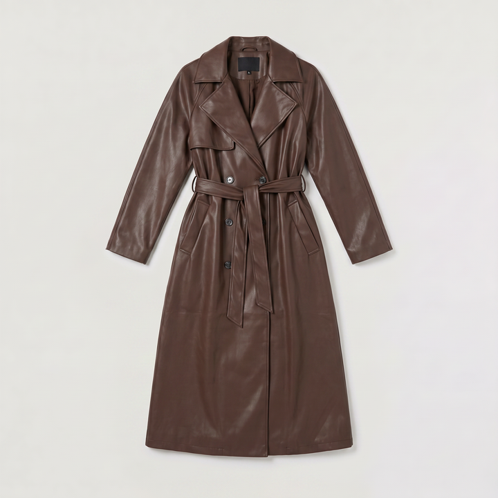 Women's Classic Faux Leather Belted Midi Trench Coat