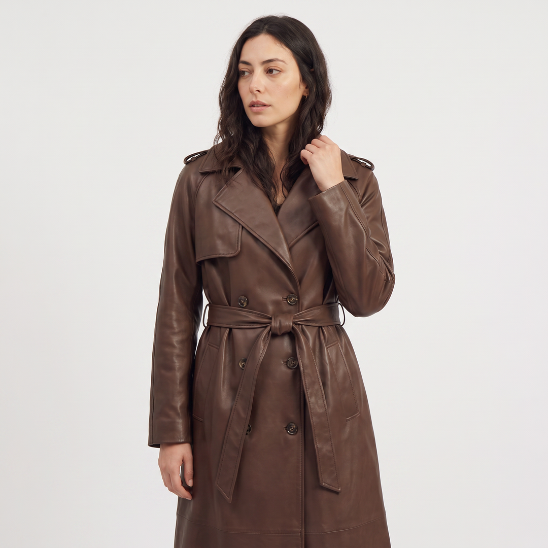 Women's Classic Faux Leather Belted Midi Trench Coat