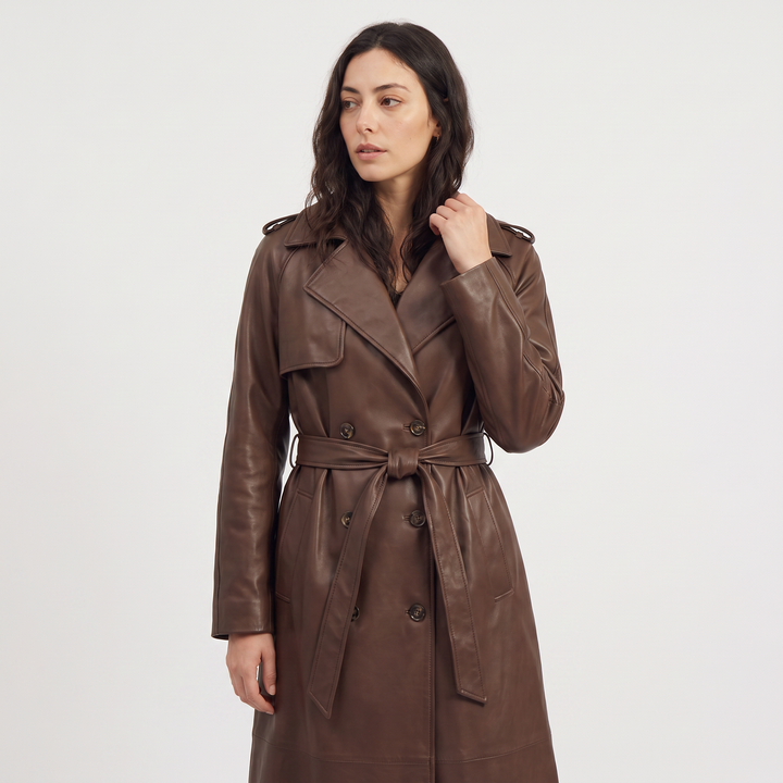 Women's Classic Faux Leather Belted Midi Trench Coat