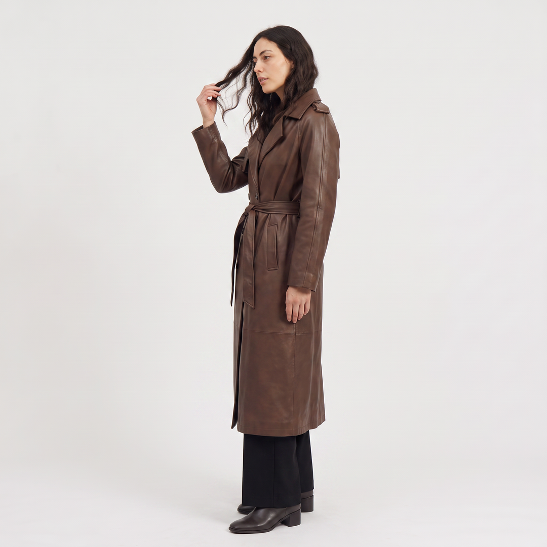 Women's Classic Faux Leather Belted Midi Trench Coat