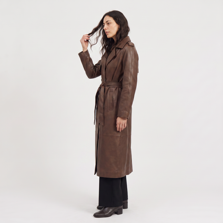 Women's Classic Faux Leather Belted Midi Trench Coat