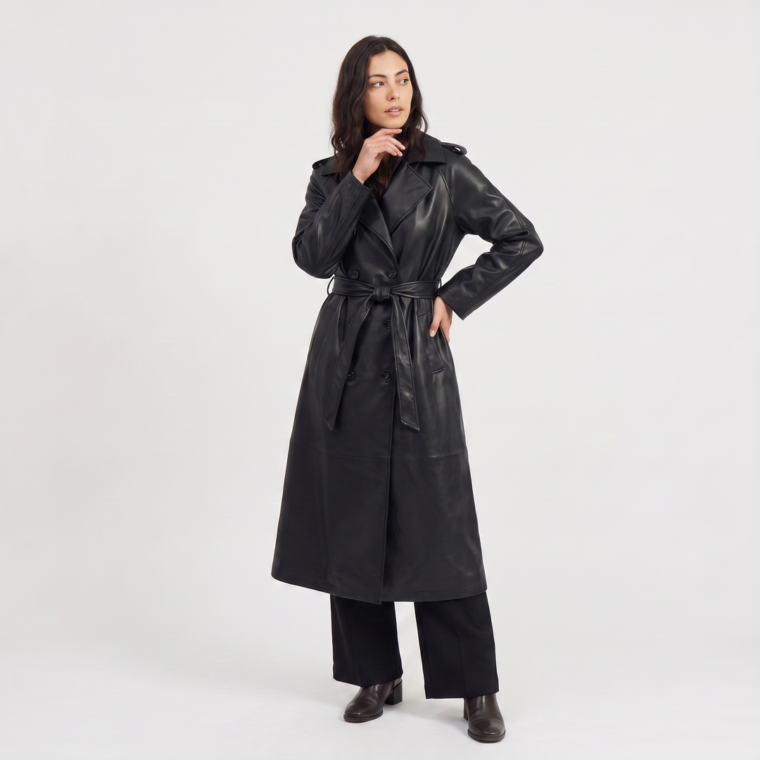 Women's Classic Faux Leather Belted Midi Trench Coat
