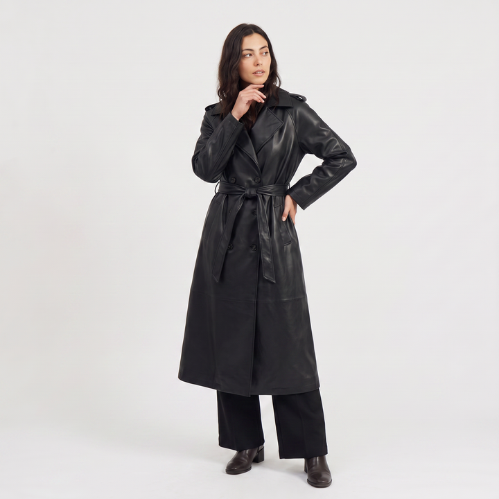 Women's Classic Faux Leather Belted Midi Trench Coat