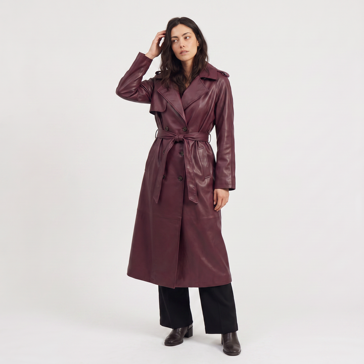 Women's Classic Faux Leather Belted Midi Trench Coat
