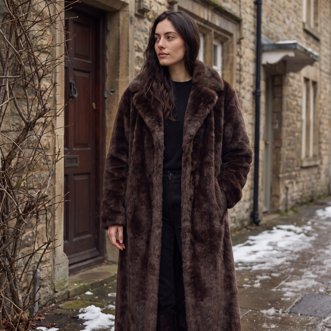 Women's Elegant Faux Fur Long Trench Coat