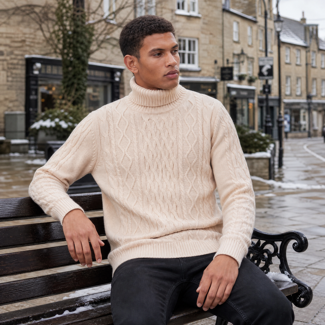 Men's Classic Wool Cable Knit Turtleneck Sweater