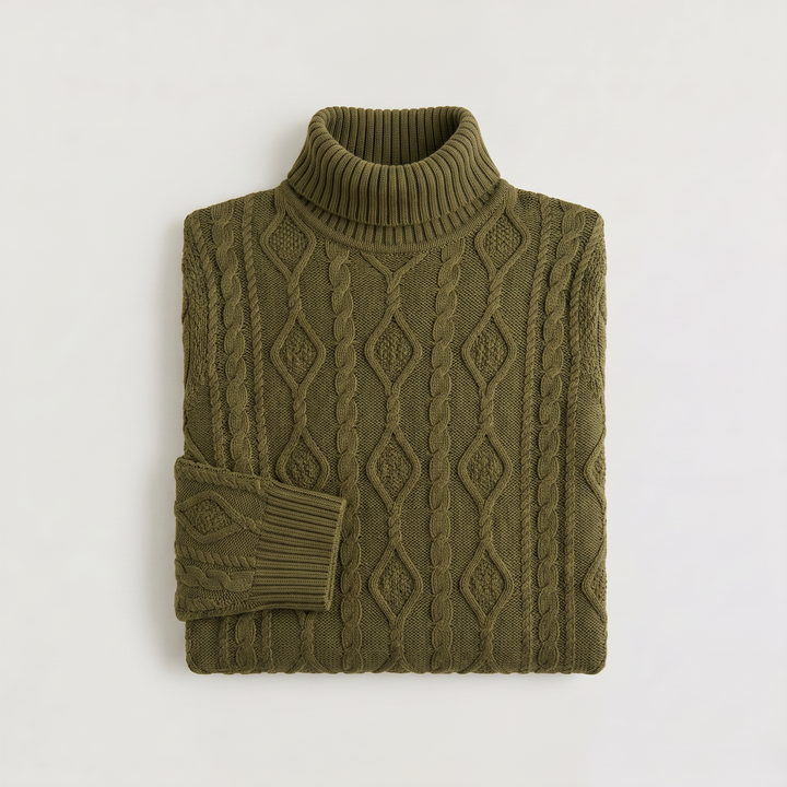 Men's Classic Cable Knit Wool Turtleneck Sweater