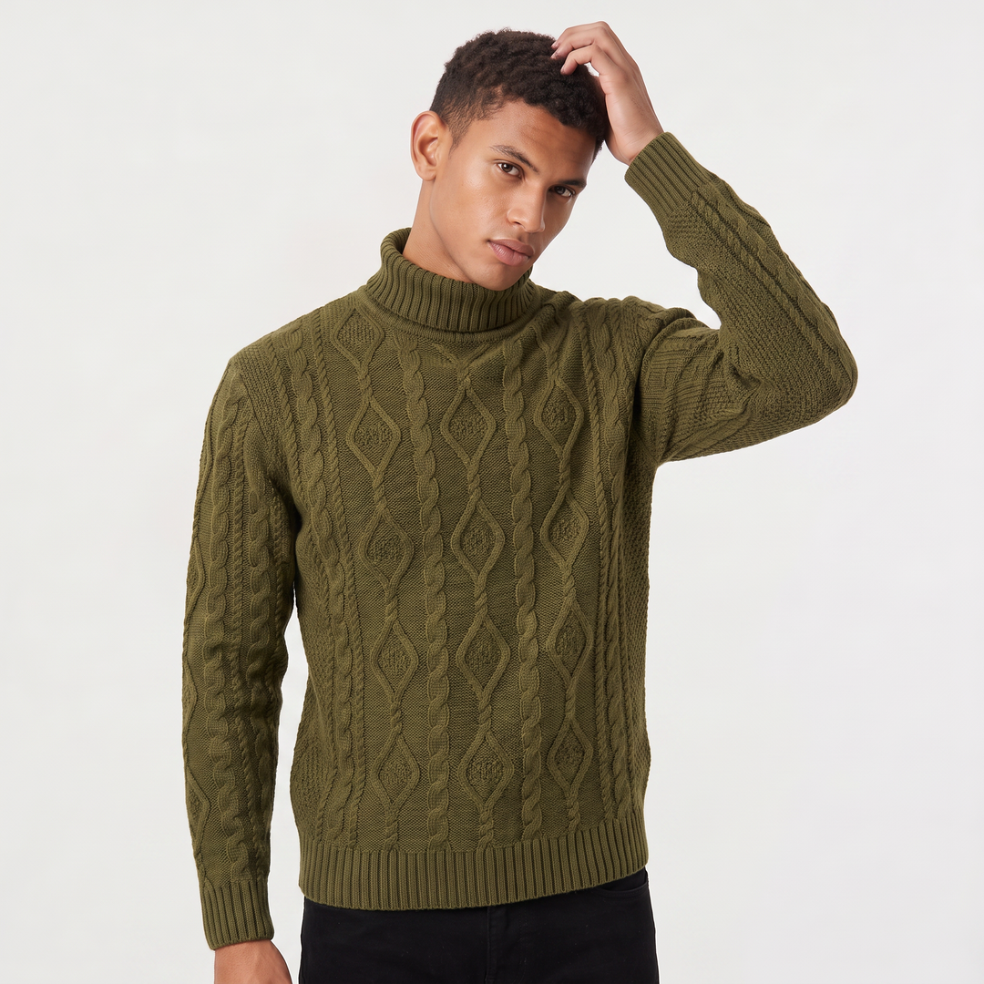 Men's Classic Cable Knit Wool Turtleneck Sweater