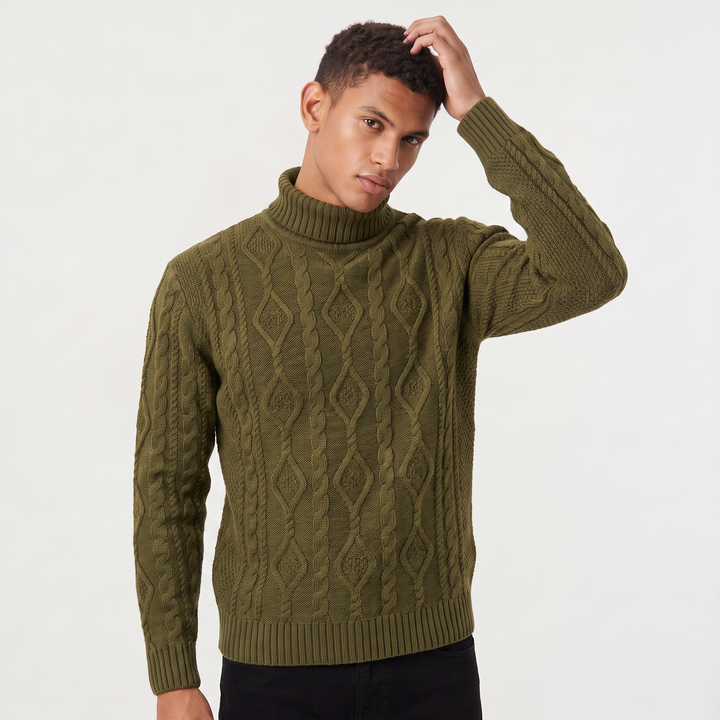 Men's Classic Cable Knit Wool Turtleneck Sweater