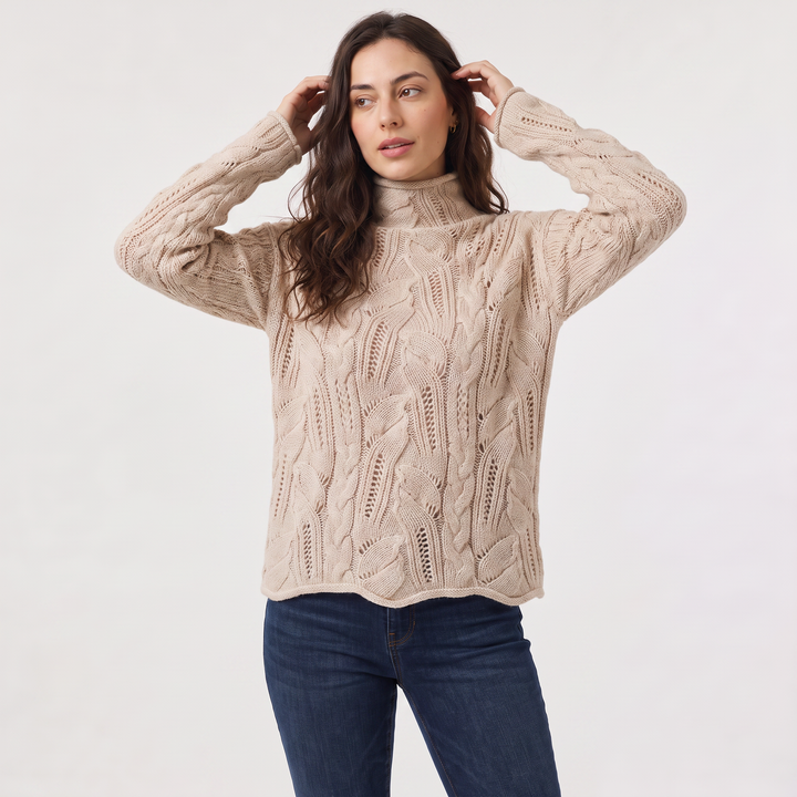 Women's Classic Cable Knit Pointelle Turtleneck Sweater