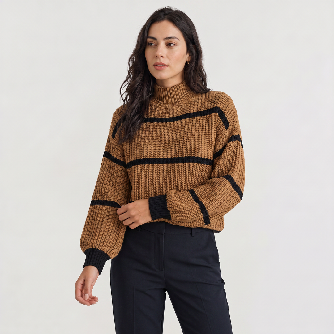 Women's Casual Striped Knit Mock Neck Sweater