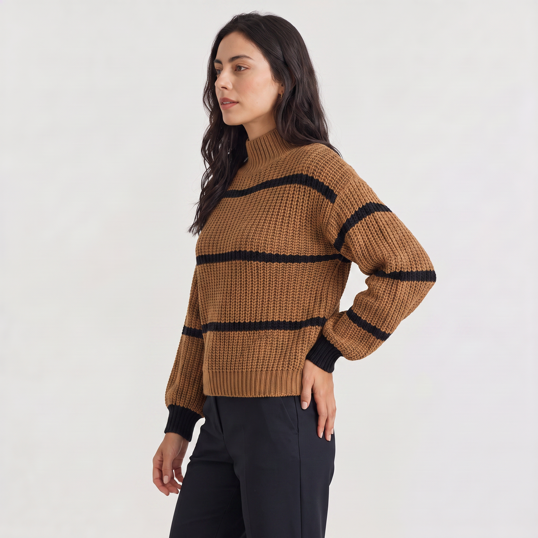 Women's Casual Striped Knit Mock Neck Sweater