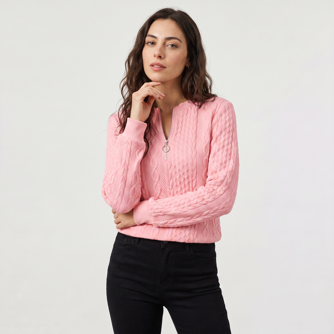 Women's Casual Cable Knit Zip-Neck Sweater