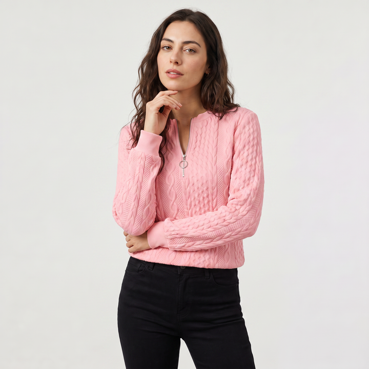 Women's Casual Cable Knit Zip-Neck Sweater