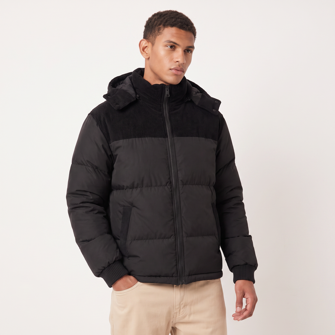 Men's Casual Quilted Hooded Corduroy Puffer Jacket