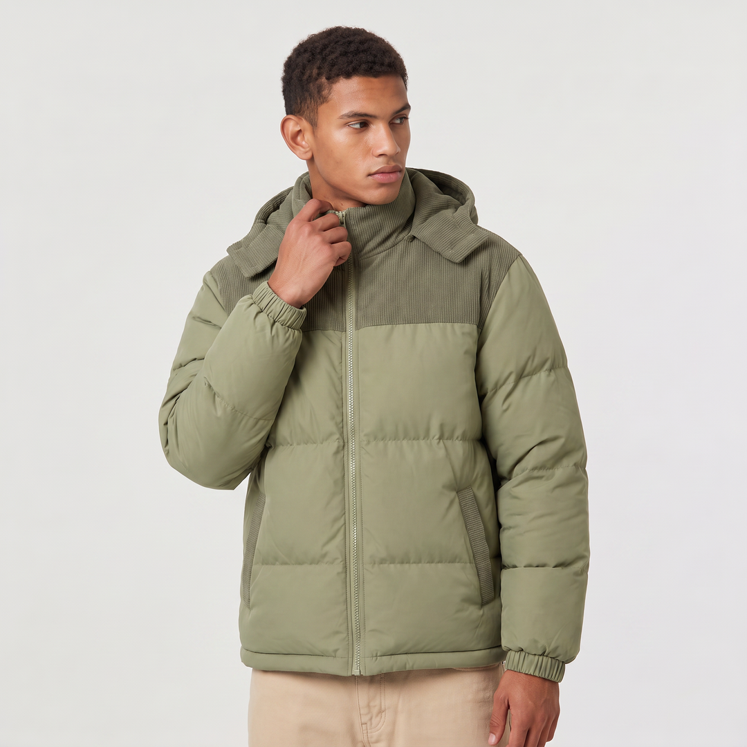 Men's Casual Quilted Hooded Corduroy Puffer Jacket
