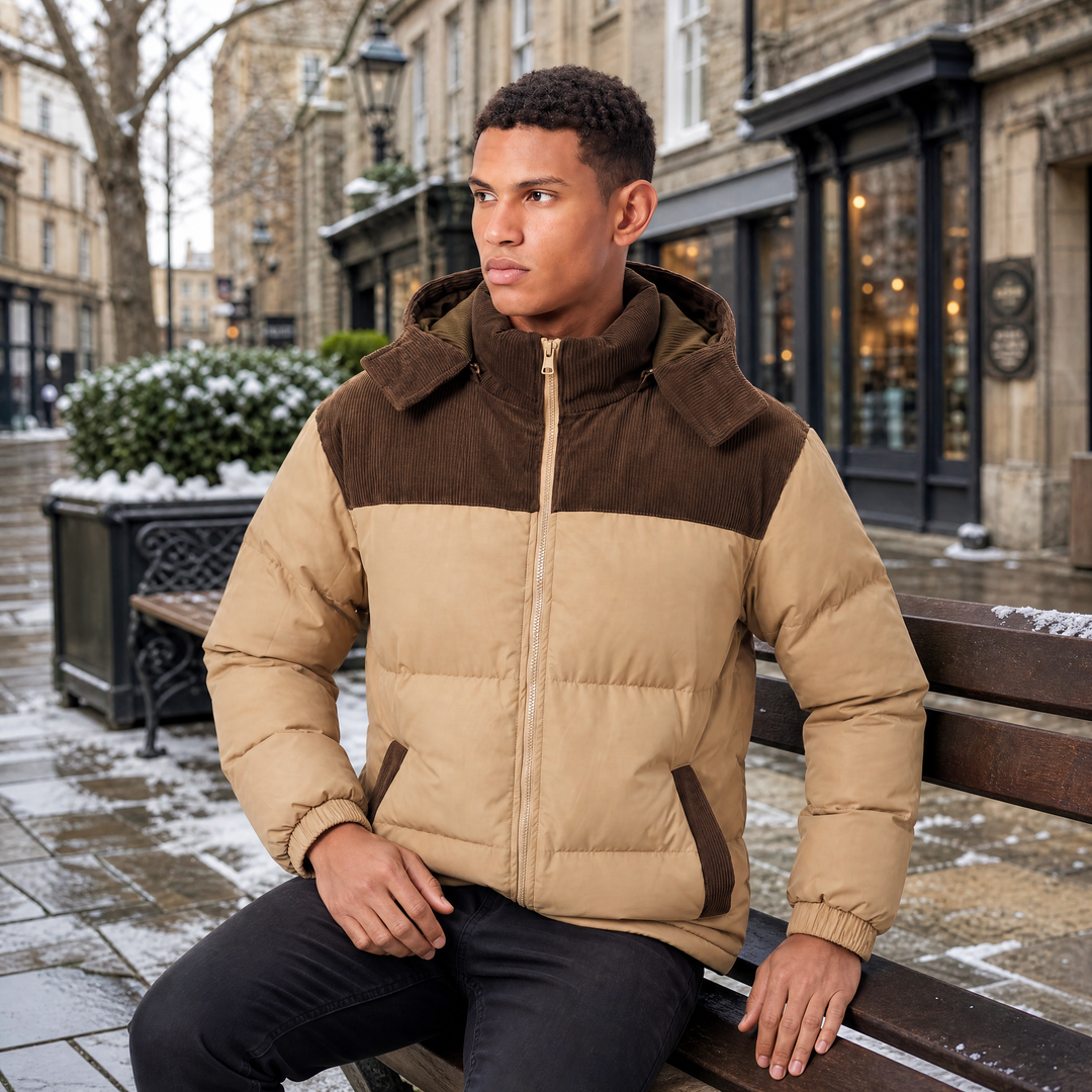 Men's Casual Quilted Hooded Corduroy Puffer Jacket