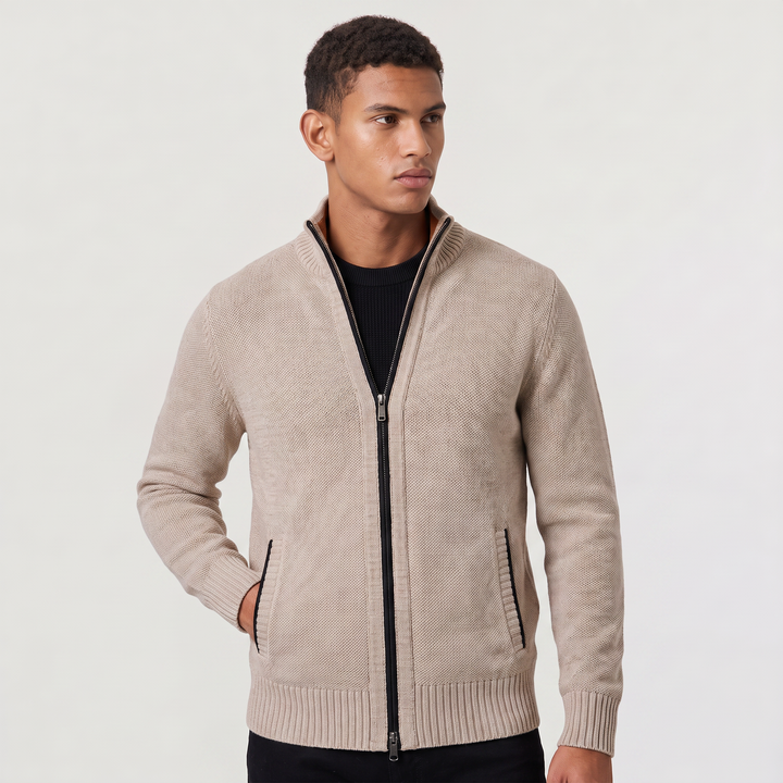 Men's Classic Textured Knit Full-Zip Cardigan with Funnel Neck