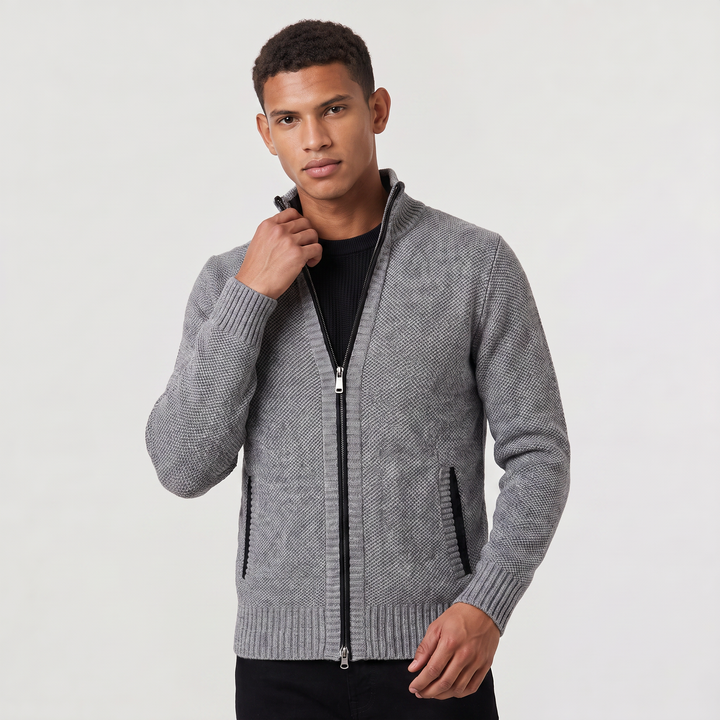 Men's Classic Textured Knit Full-Zip Cardigan with Funnel Neck