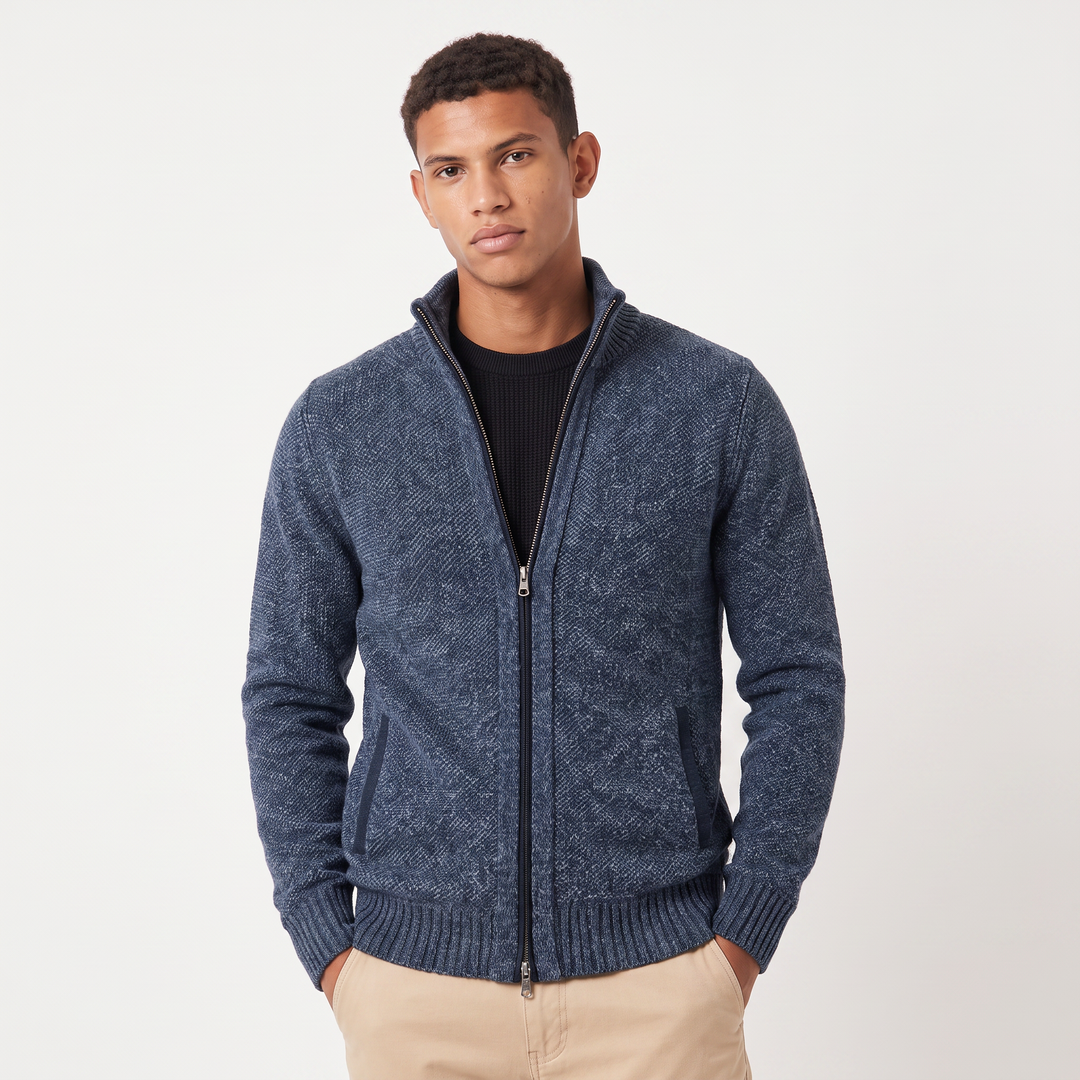 Men's Classic Textured Knit Full-Zip Cardigan with Funnel Neck