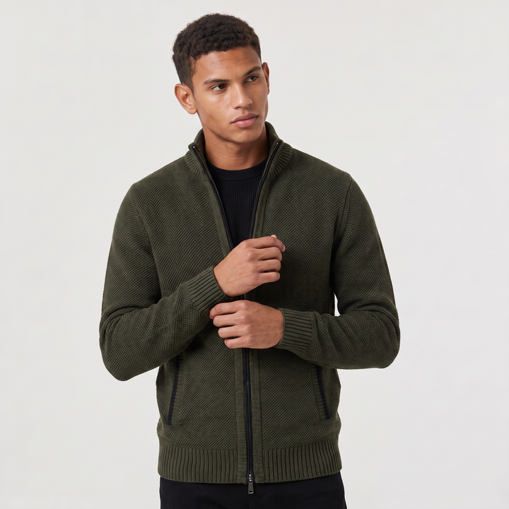 Men's Classic Textured Knit Full-Zip Cardigan with Funnel Neck