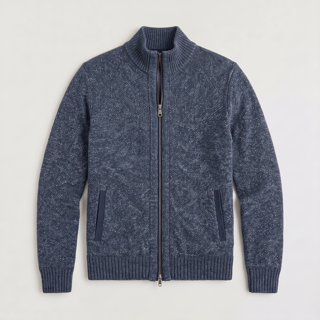 Men's Classic Textured Knit Full-Zip Cardigan with Funnel Neck
