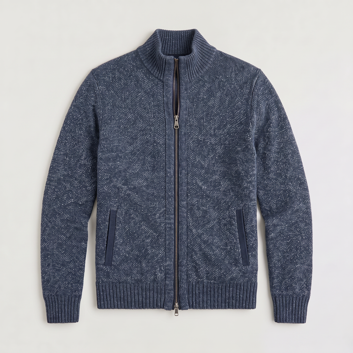 Men's Classic Textured Knit Full-Zip Cardigan with Funnel Neck