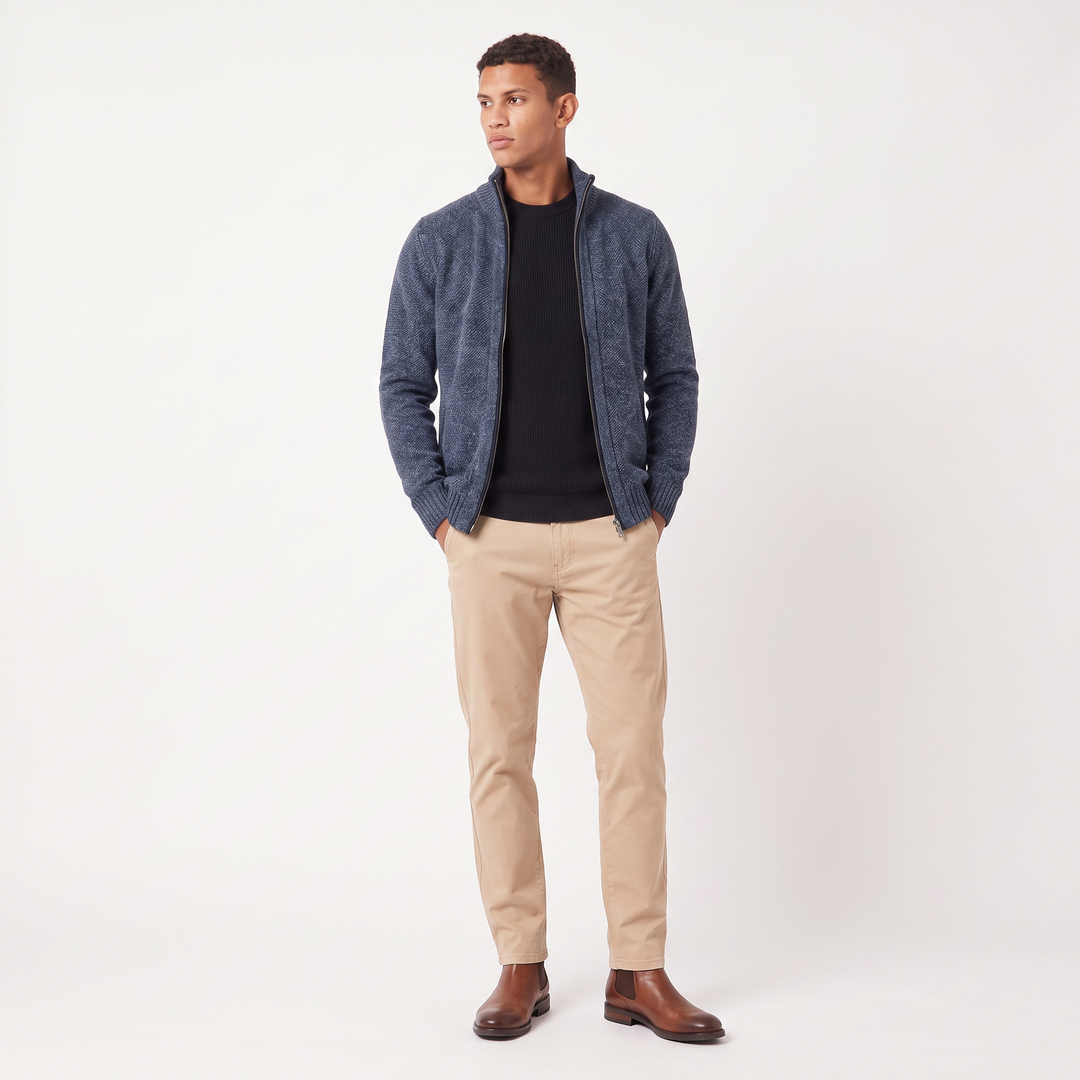Men's Classic Textured Knit Full-Zip Cardigan with Funnel Neck