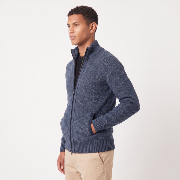 Men's Classic Textured Knit Full-Zip Cardigan with Funnel Neck