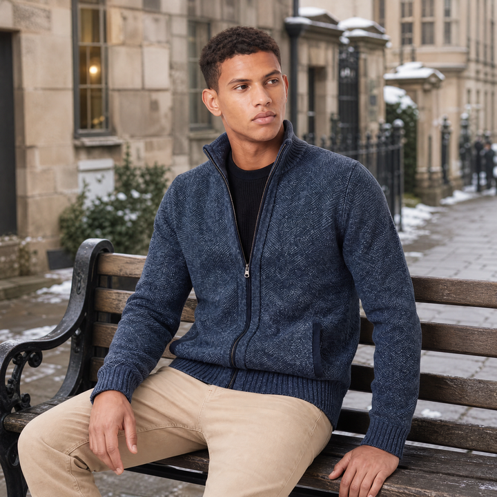 Men's Classic Textured Knit Full-Zip Cardigan with Funnel Neck