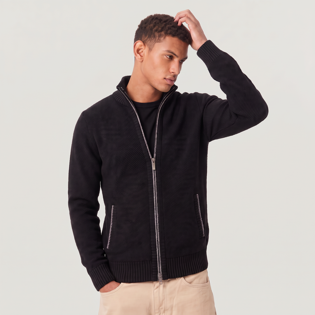 Men's Classic Textured Knit Full-Zip Cardigan with Funnel Neck