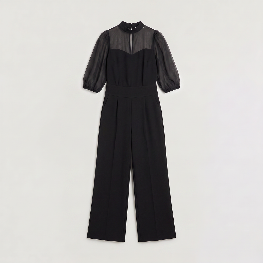 Women's Chic Wide-Leg Cotton Jumpsuit with Puff Sleeves