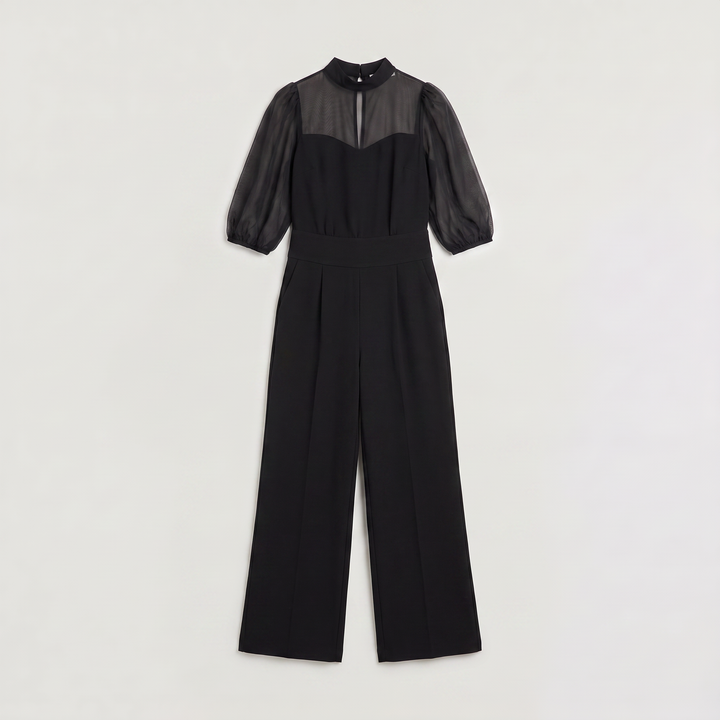 Women's Chic Wide-Leg Cotton Jumpsuit with Puff Sleeves
