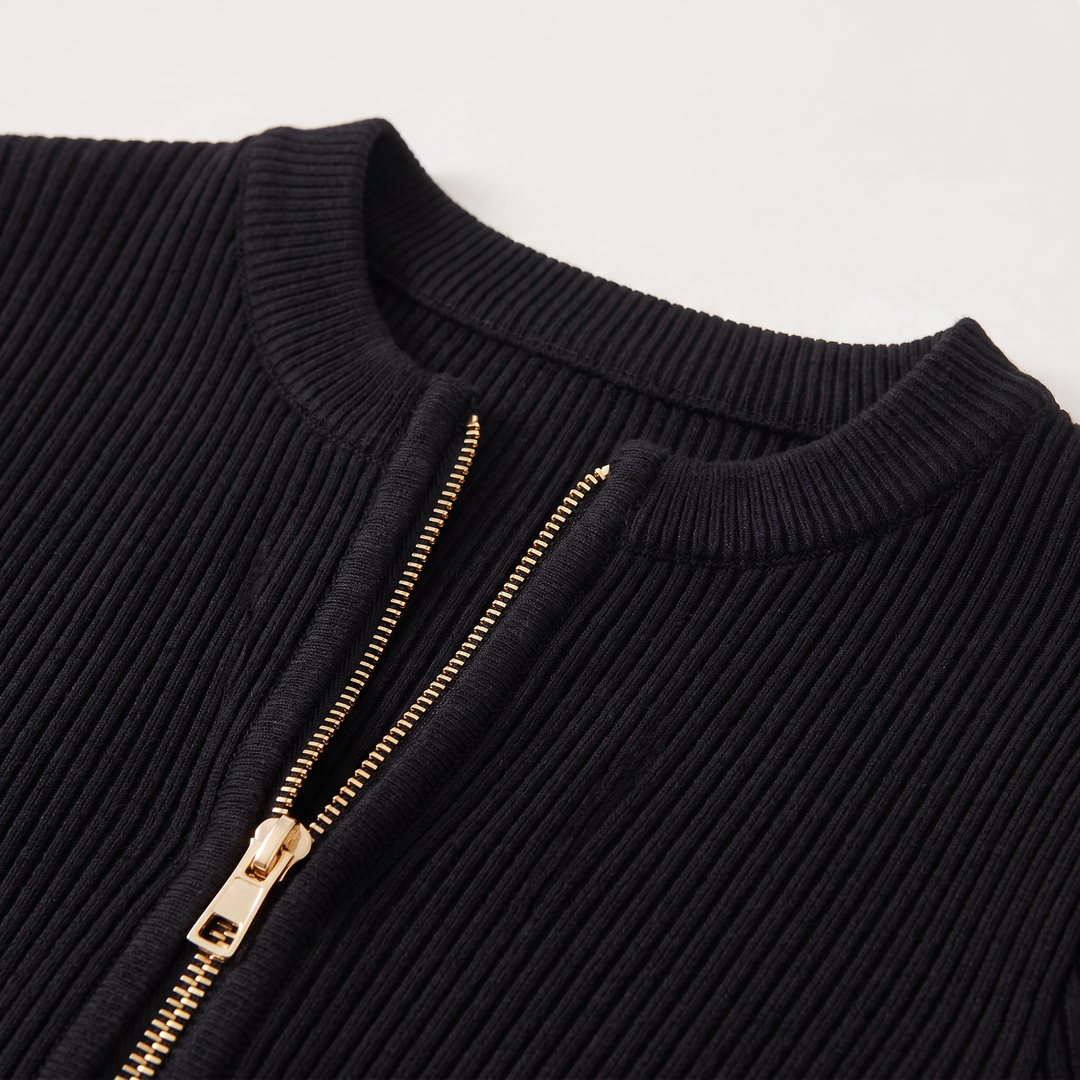 Women's Elegant Ribbed Knit Zip-Up Midi Dress